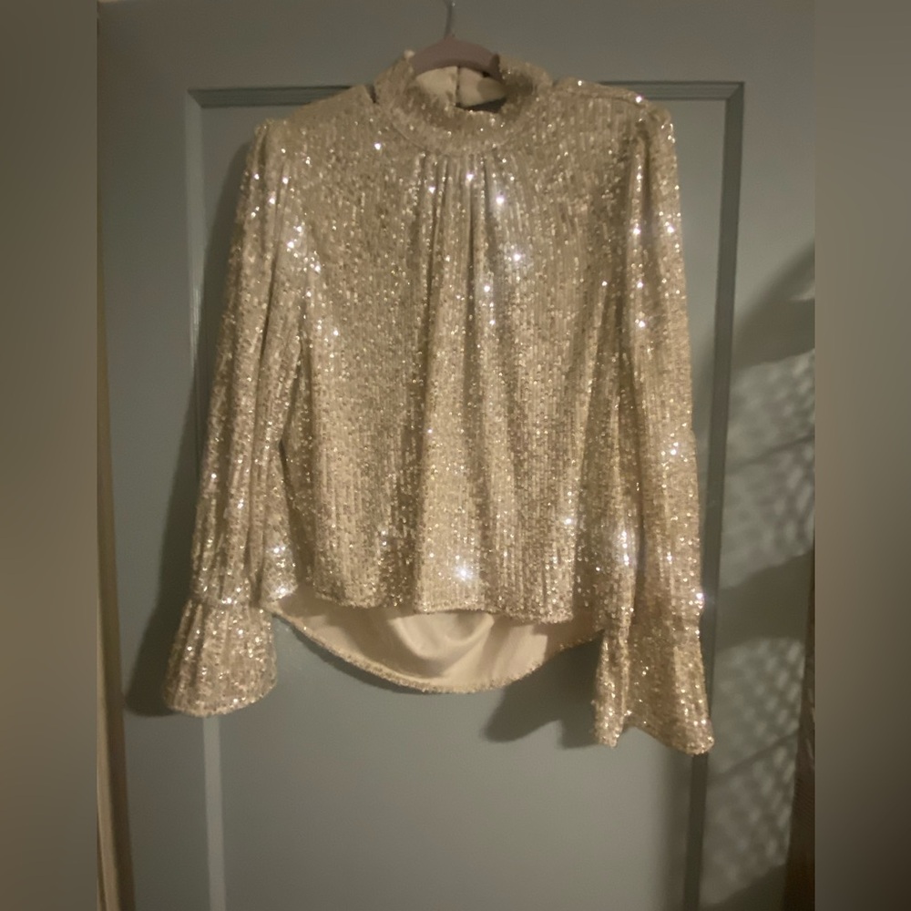 1. State Silver Sequin Top, High Neck, Low Scoop in the Back, Holiday Party